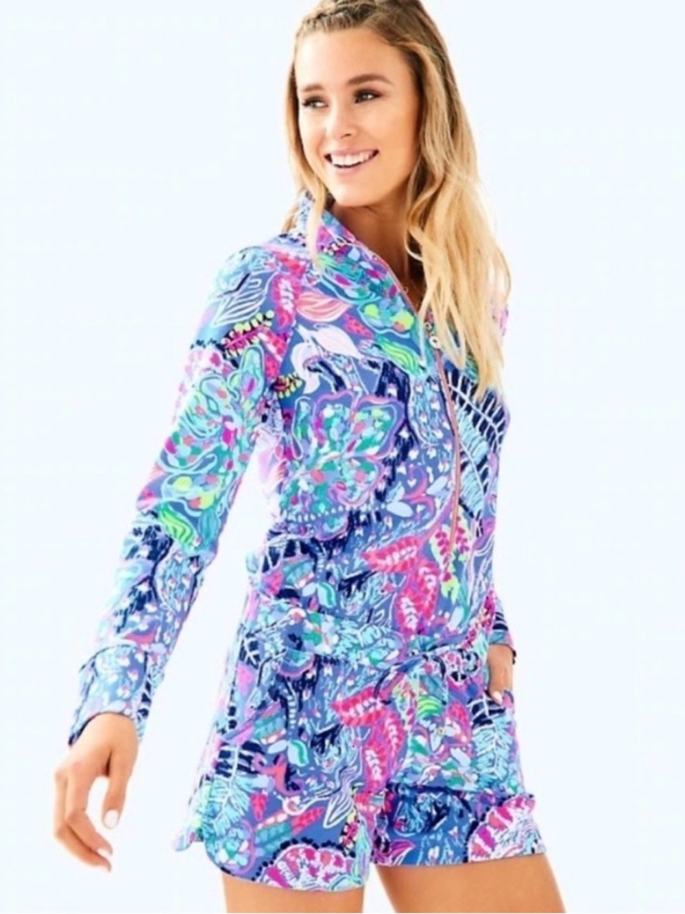 Lilly Pulitzer Skipper Romper-Multi Fantasy Garden zip collar s